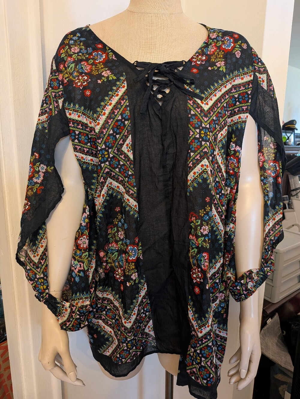 Gypsy Rose Navy Floral Lace-Up Top